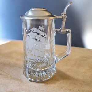 Vintage OLD SPICE ARIEL 1866 Etched Glass Beer Stein W Pewter Lid.